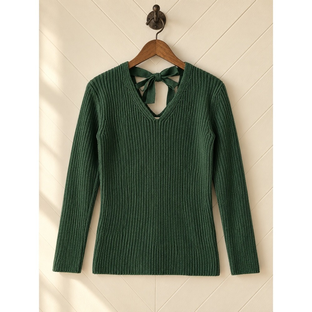 Pact Sweater Organic Cotton V-Neck Tie-Back Fisherman Shaker Rib Green Size M